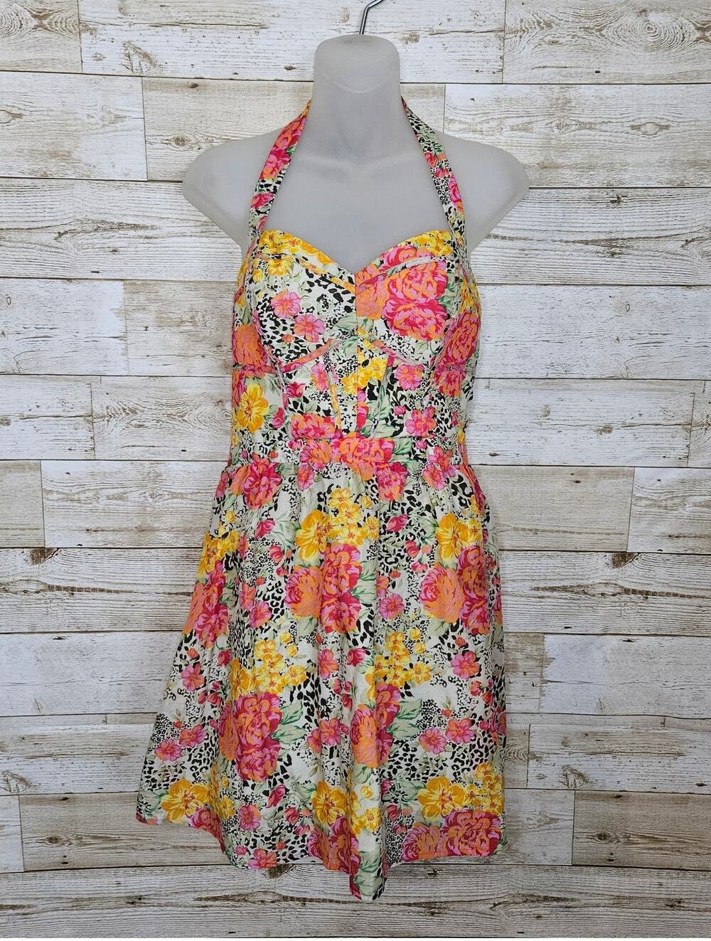 GUESS Sundress Floral Cottagecore Dress 10 Halter Tie Cotton Ruched Mini Bustier